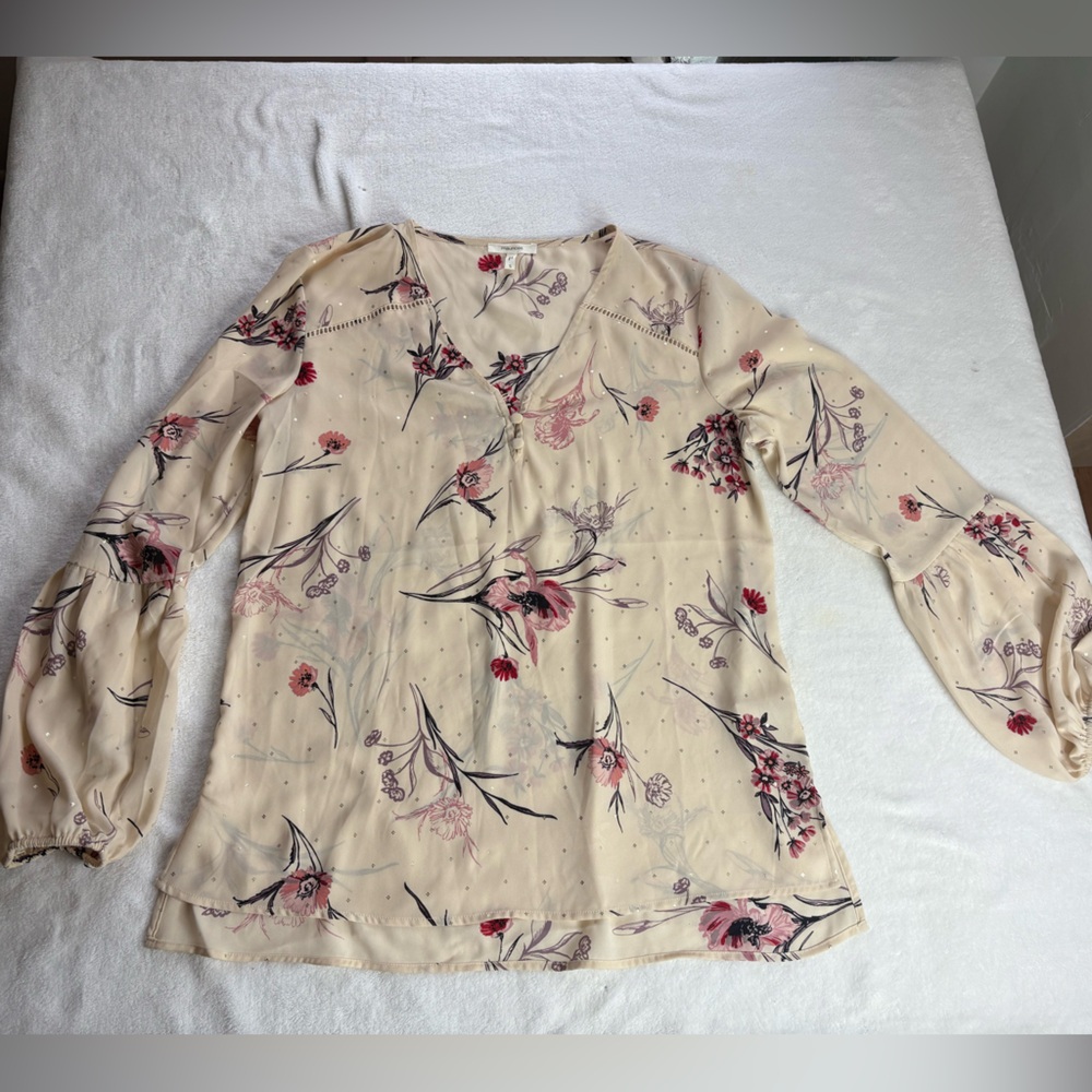 Cream Floral Long Sleeve Blouse with Relaxed Fit